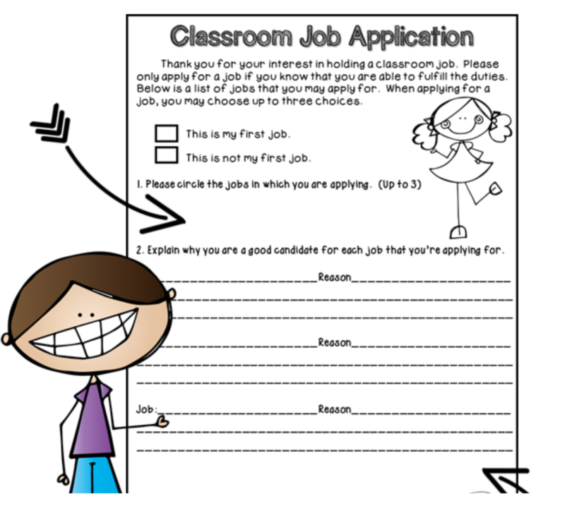 Screenshot of a printable classroom job application.
