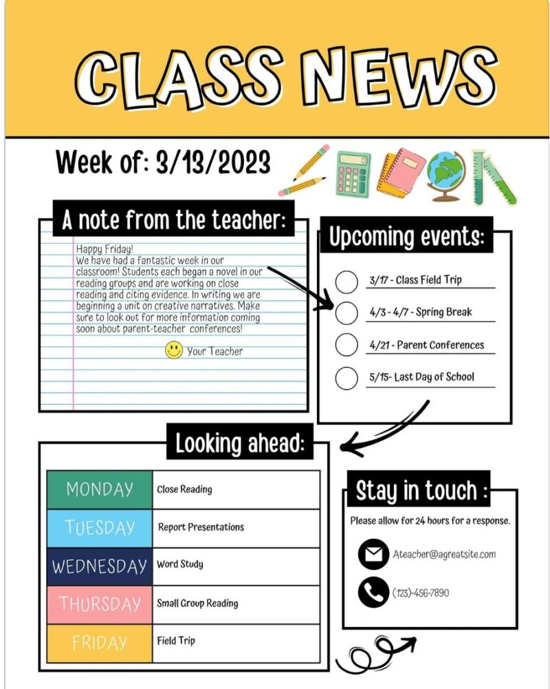 Canva template for a weekly classroom newsletter.