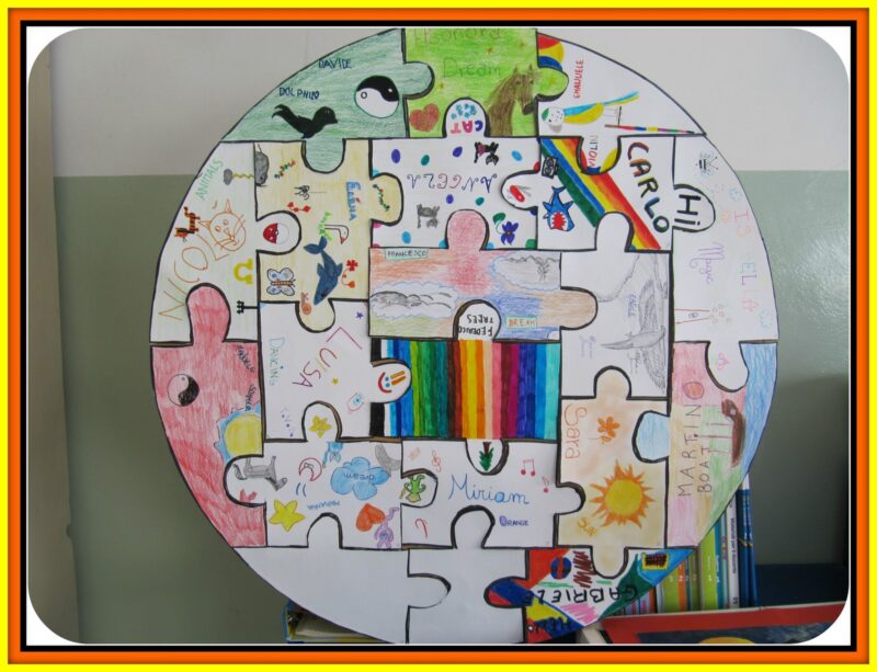 A round puzzle consisting of student-drawn pieces as an example of first day of school activities