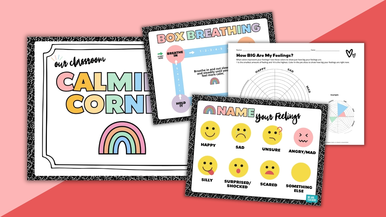Classroom calm down kit printables including a calming corner poster, box breathing guide, feelings scale worksheet, and name your feelings chart