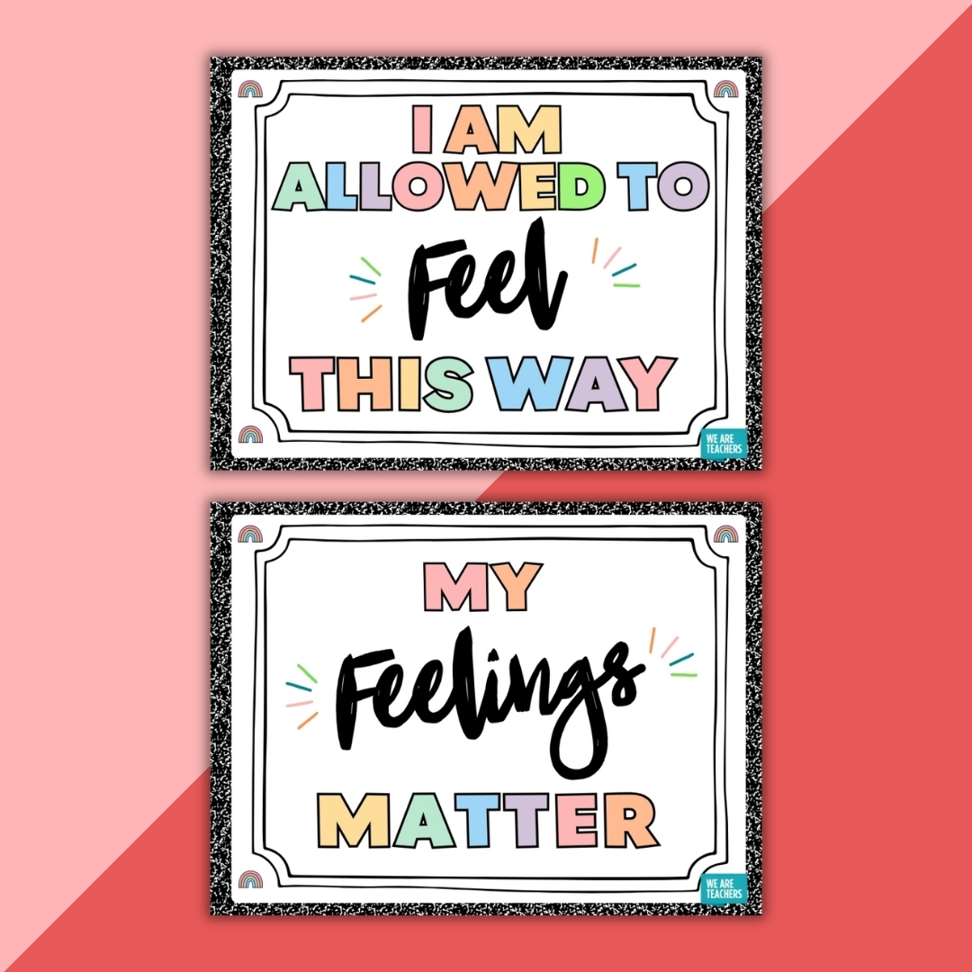 Two encouraging classroom posters reading "I am allowed to feel this way" and "My feelings matter"