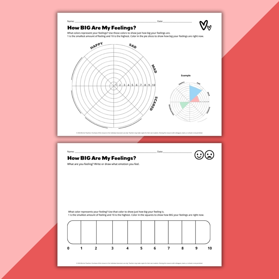 Two How BIG Are My Feelings? student worksheets with an emotion color wheel and a 0-to-10 feelings rating scale