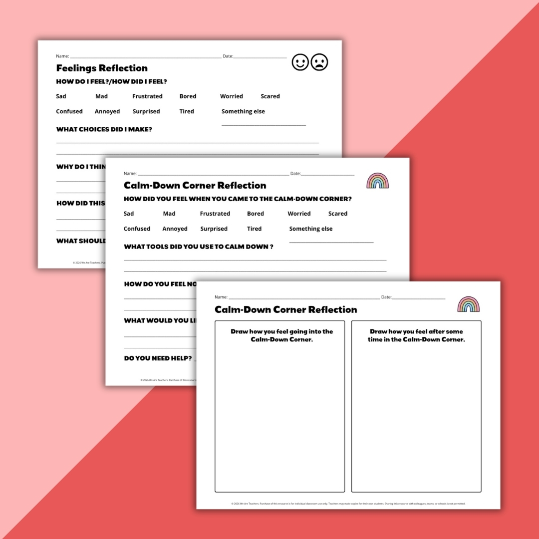 Feelings Reflection and Calm-Down Corner Reflection worksheets from the classroom calm down kit