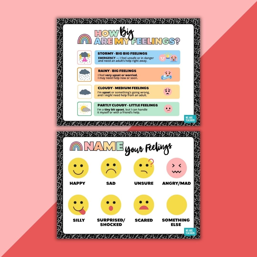 How Big Are My Feelings? poster showing stormy, rainy, cloudy, and partly cloudy emotion levels beside a Name Your Feelings emoji chart