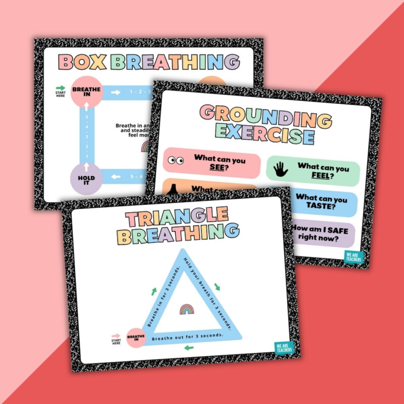 Box breathing, triangle breathing, and grounding exercise posters from the classroom calm down kit