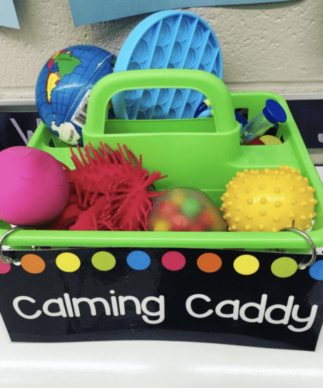 A plastic caddy says Calming Caddy. 