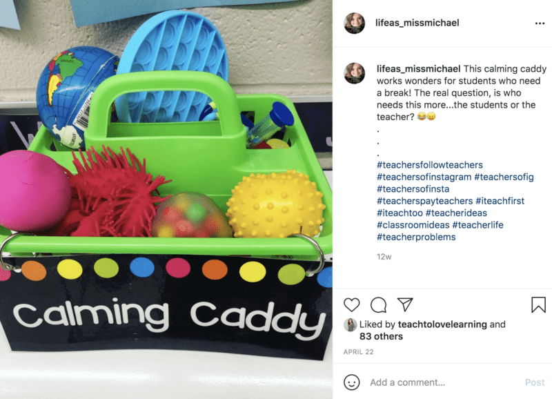 Classroom calming caddy with students toys and calming items