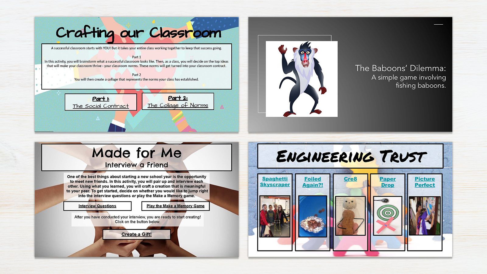 Screenshots from the 4 mini-lessons from the Classroom Community Timely Topic