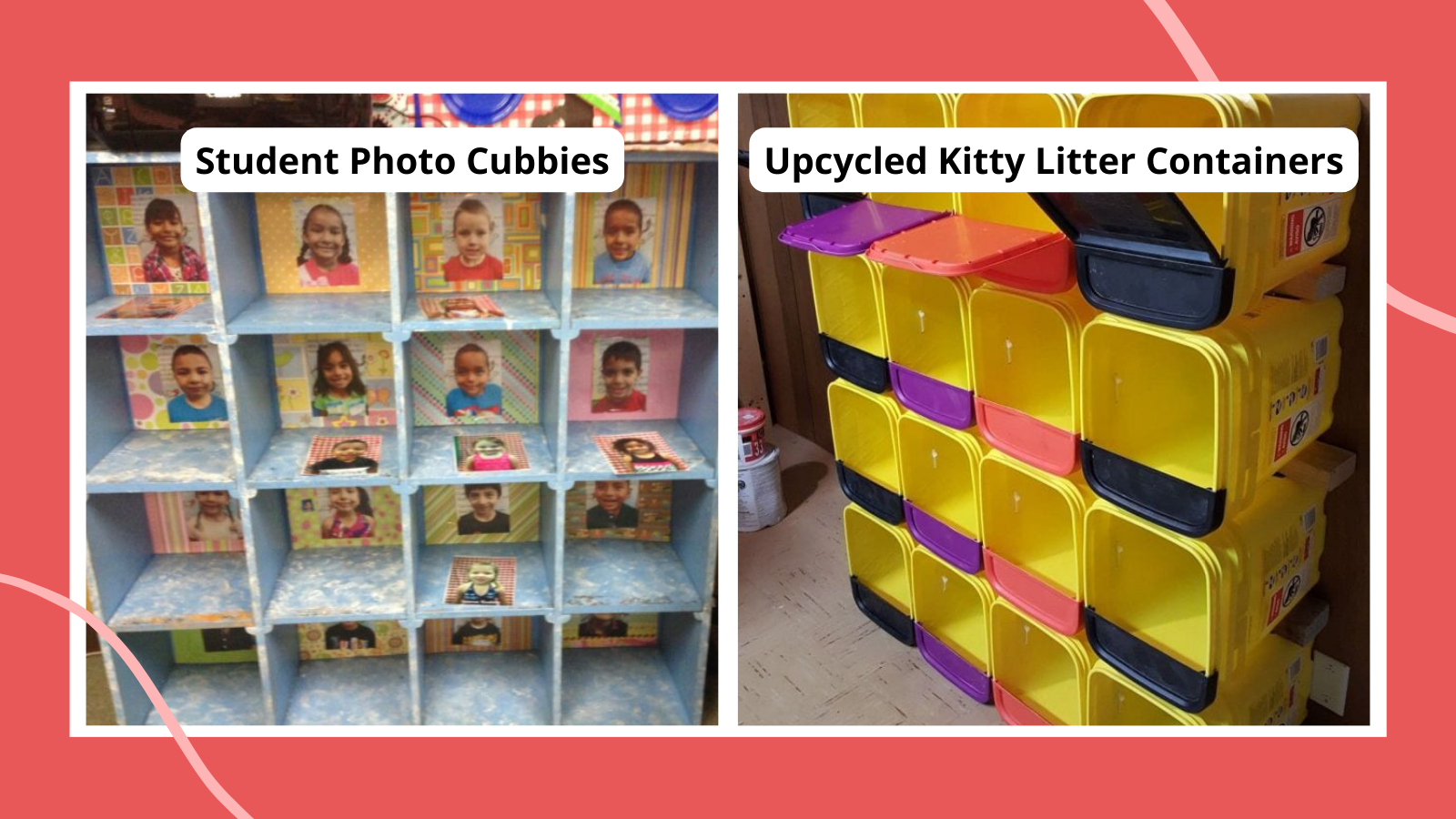 Examples of DIY Classroom Cubbies including kitty litter containers and student photos on cubbies.