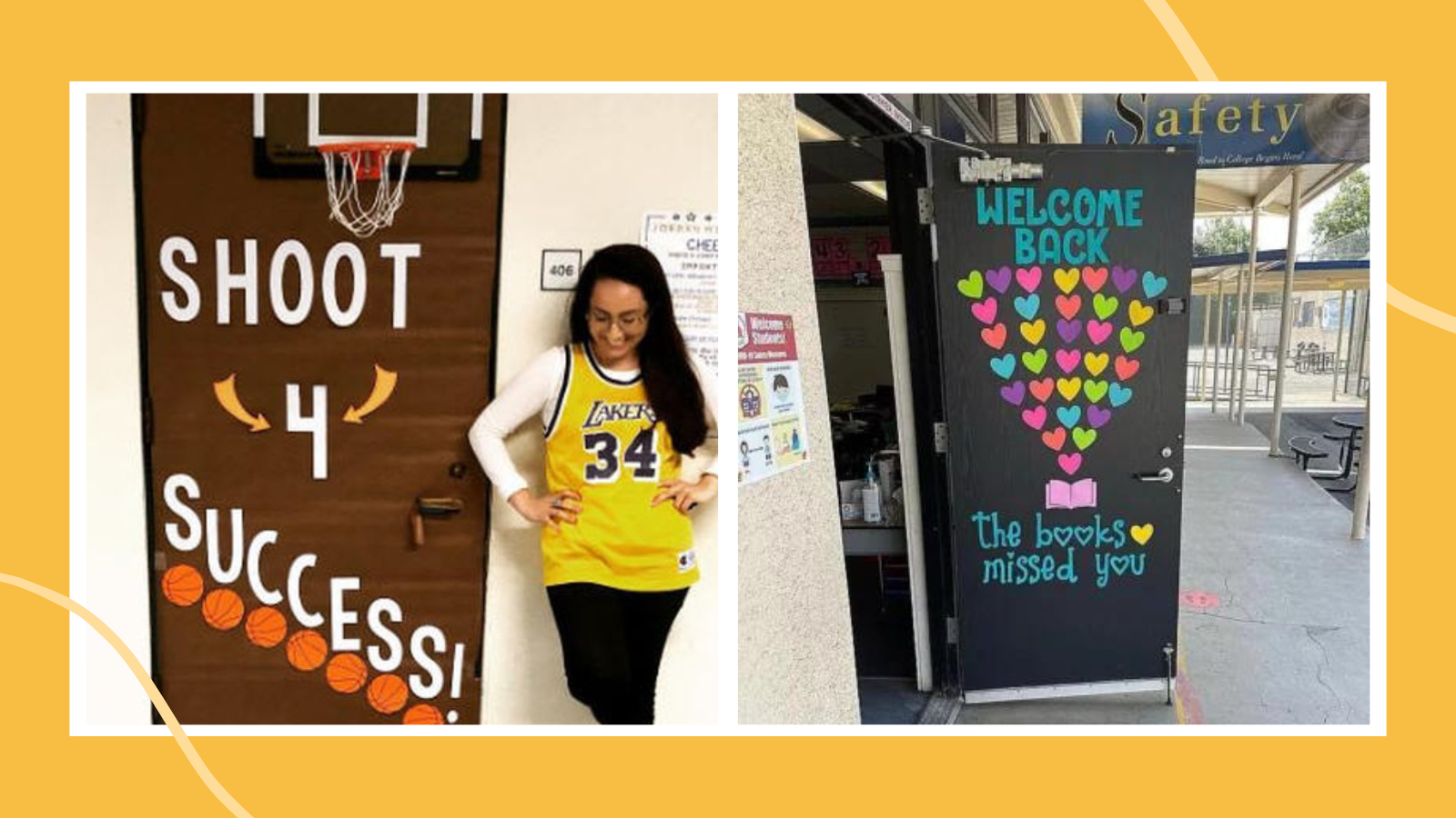 Classroom door decorations for back to school including one that features hearts and says Welcome Back the Books Missed you and one that has a basketball hoop and says Shoot 4 Success.