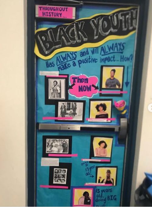Door decorated with pictures of inspiration Black youth throughout history 