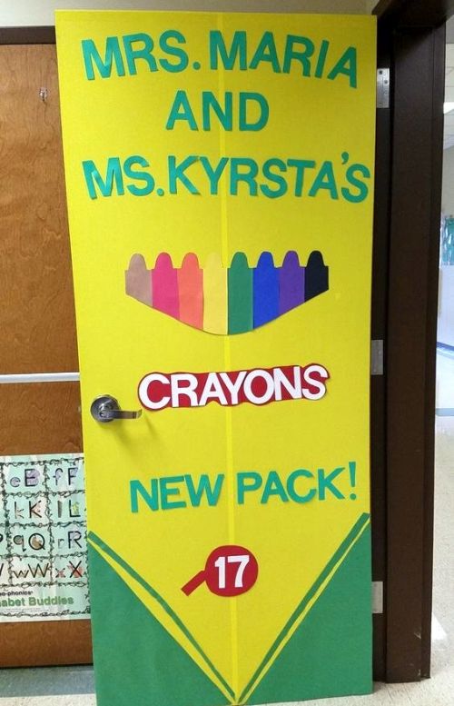 Classroom door made to look like a pack of crayons.