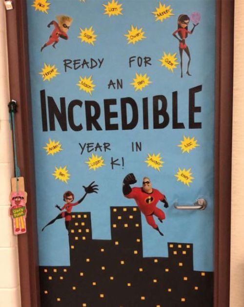 Classroom door with an Incredibles movie theme. Text reads Ready for an incredible year in K!