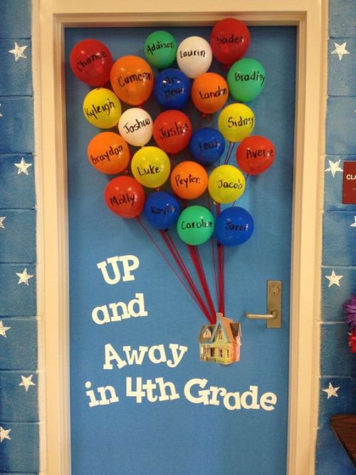 Classroom door showing a house being lifted by balloons with kids names on them. Text reads Up and Away in 4th grade.
