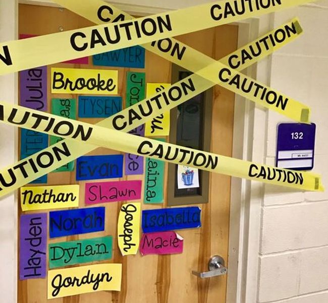 School room doorway crisscrossed with caution tape (Classroom Escape Room)