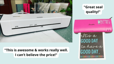 Examples of the best classroom laminators including one that is hot pink and one that is sitting on a desk with supplies