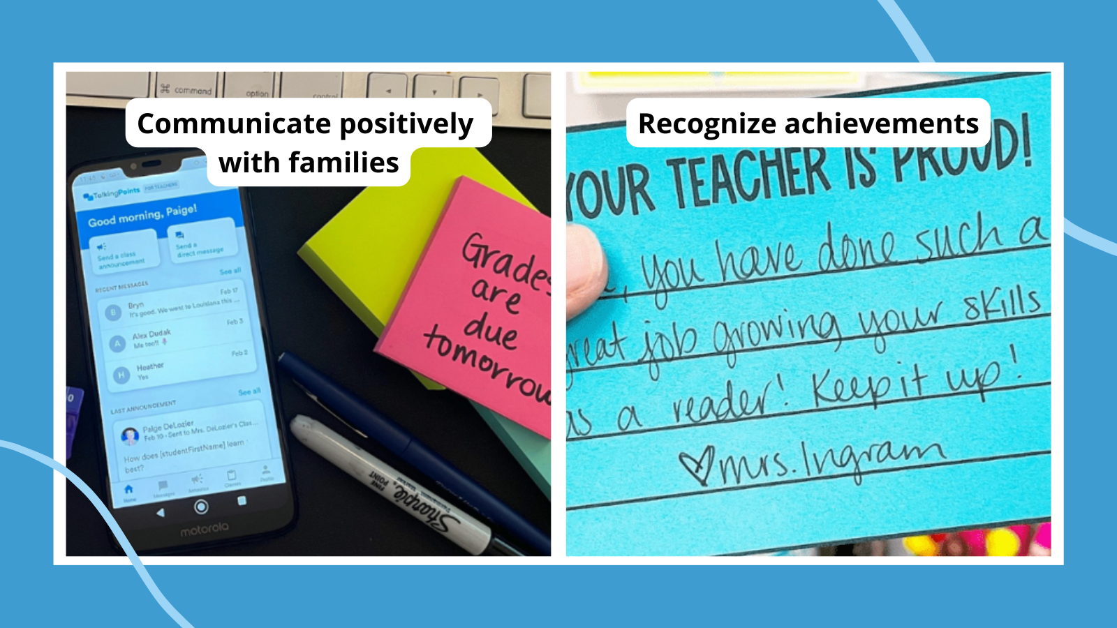 Examples of classroom management strategies including a positive note from teacher to student and a parent communication app on a phone screen.