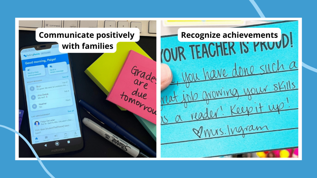 Examples of classroom management strategies including a positive note from teacher to student and a star chart of student responsibilities.