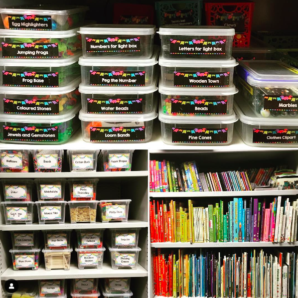 A beautifully organized shelving unit as an example of classroom organization