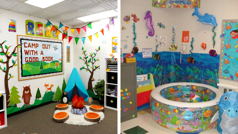 Classroom reading nooks: camping theme and under the sea theme.
