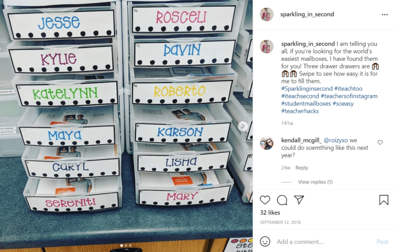 Slide-out drawer organizers as classroom student mailboxes