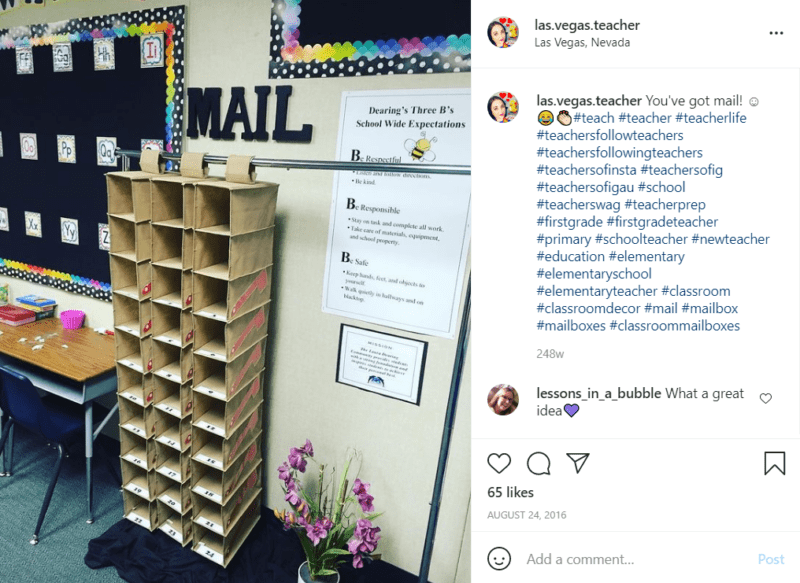 Vertical shoe organizers being used as a classroom student mailbox