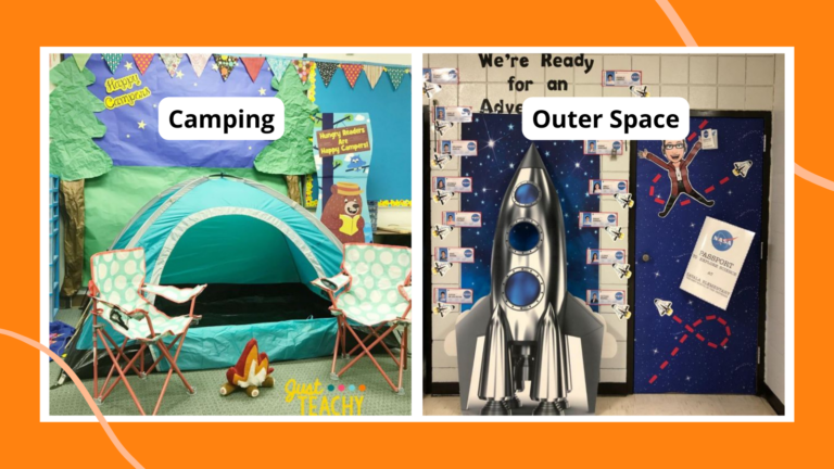 Collage of classroom themes, including camping and outer space