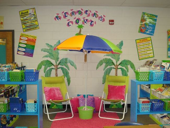 Beach-themed reading nook with beach chairs and umbrella