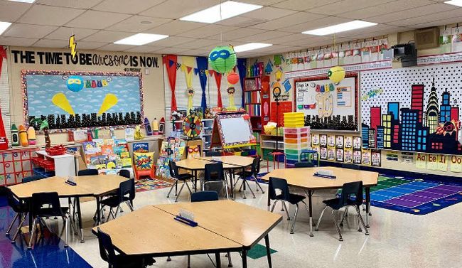 Superhero-themed classroom with decorations fitting the theme