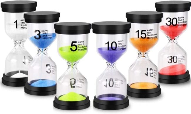 Six hourglass timers for 1, 3, 5, 10, 15, and 30 minutes (Classroom Timers)