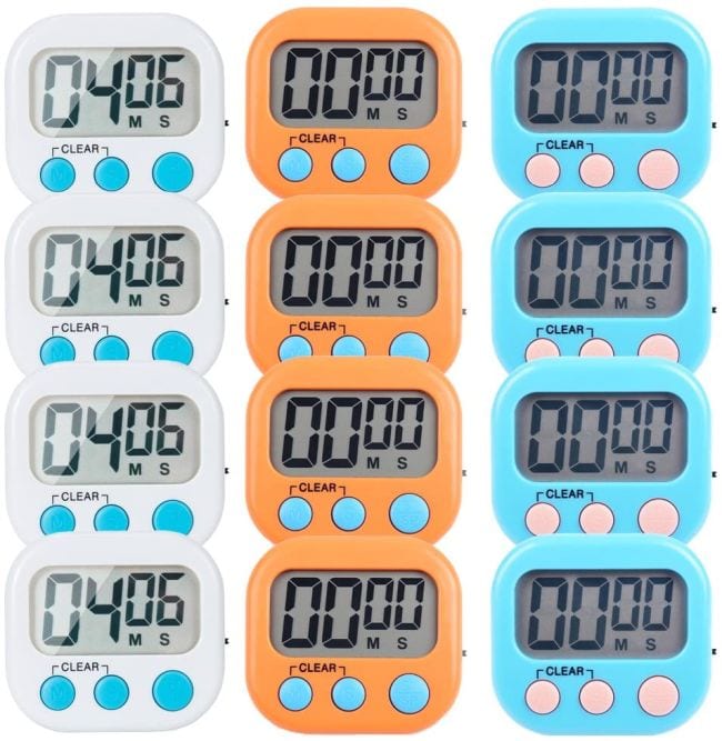 12 digital timers in white, orange, and blue