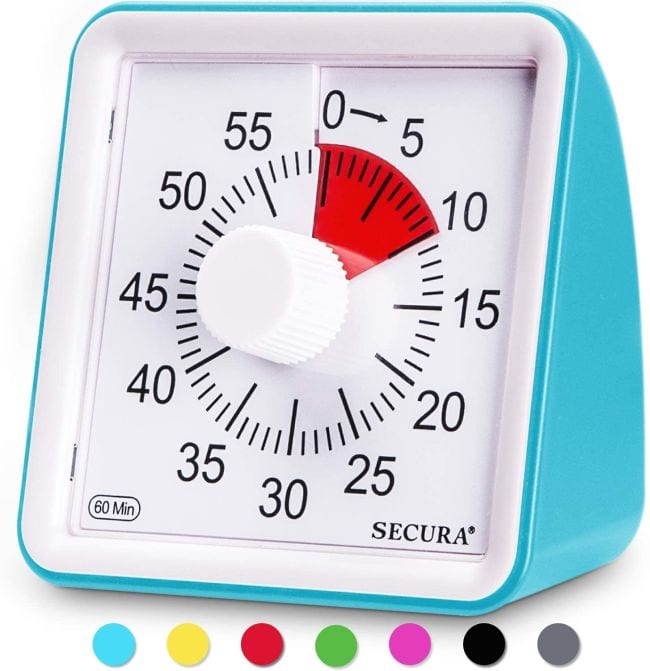 Boxy 60-minute timer with turquoise casing, with red indicator area 