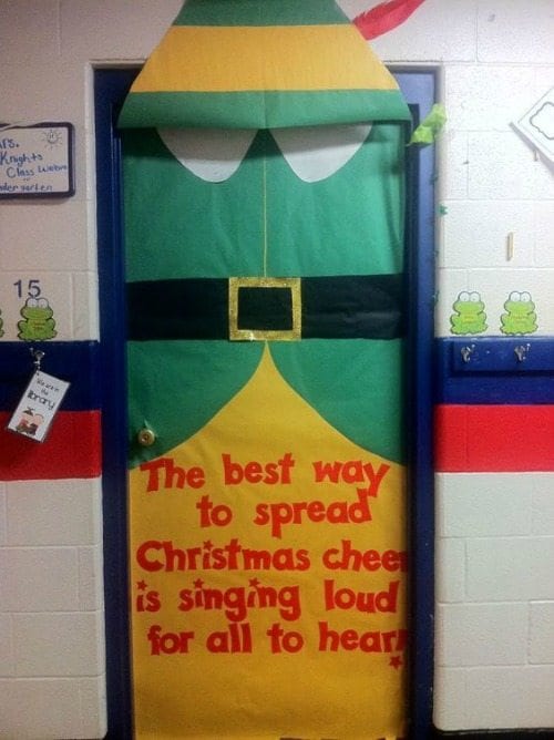 A door is decorated to look like Buddy the Elf from the movie Elf.