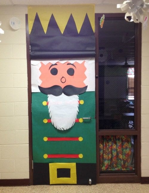 A classroom door is decorated to look like a nutcracker.