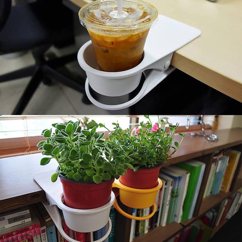 Two photos stacked on top of one another. The top shows a coffee in a white cup holder clipped to a desk. The bottom shows the same cup holders holding plants.