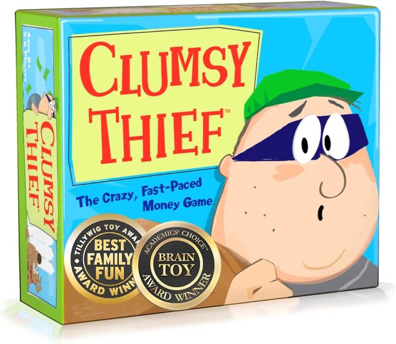 A box has a worried looking cartoon thief on it and the text reads "Clumsy Thief" (math board games)