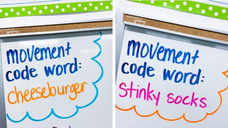 Collage of two classroom whiteboard photos with text 'movement code word: cheeseburger and stinky socks'