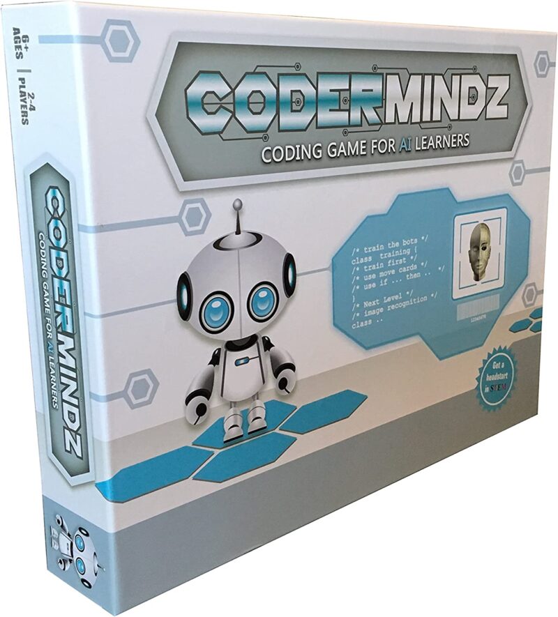 Coding toys can include games like this one called CoderMindz. The box is gray, white, and blue and features a robot. 