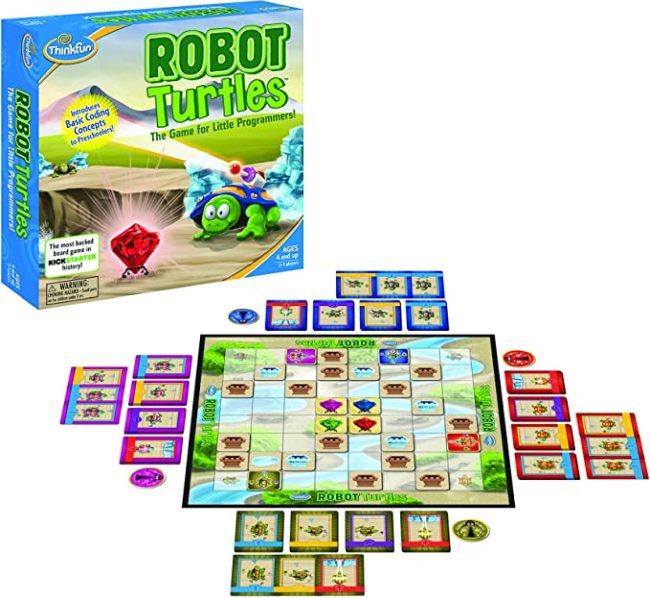 Box, board, and playing pieces for Robot Turtles coding board game for kids