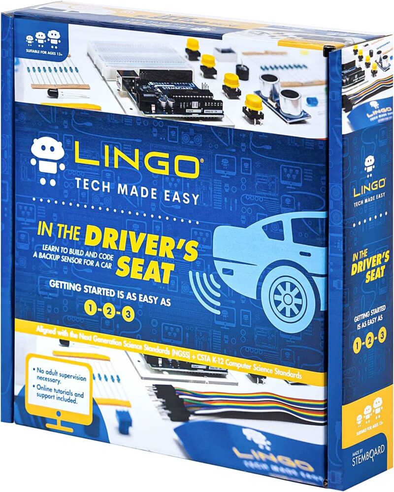 Üzerinde LINGO ve In the Driver's Seat yazan ve üzerinde yarım bir araba resmi bulunan bu mavi kutu gibi bazı oding oyuncakları gençler için mükemmeldir.