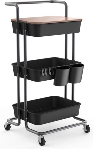3-Tier Rolling Cart in black with solid top