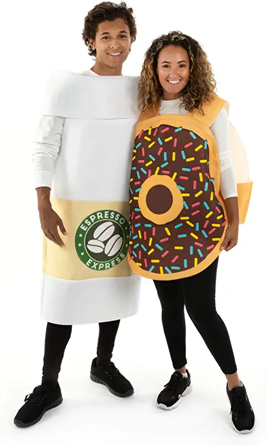 Teacher Halloween costumes include a man dressed as a coffee cup and a woman as a chocolate sprinkle donut.
