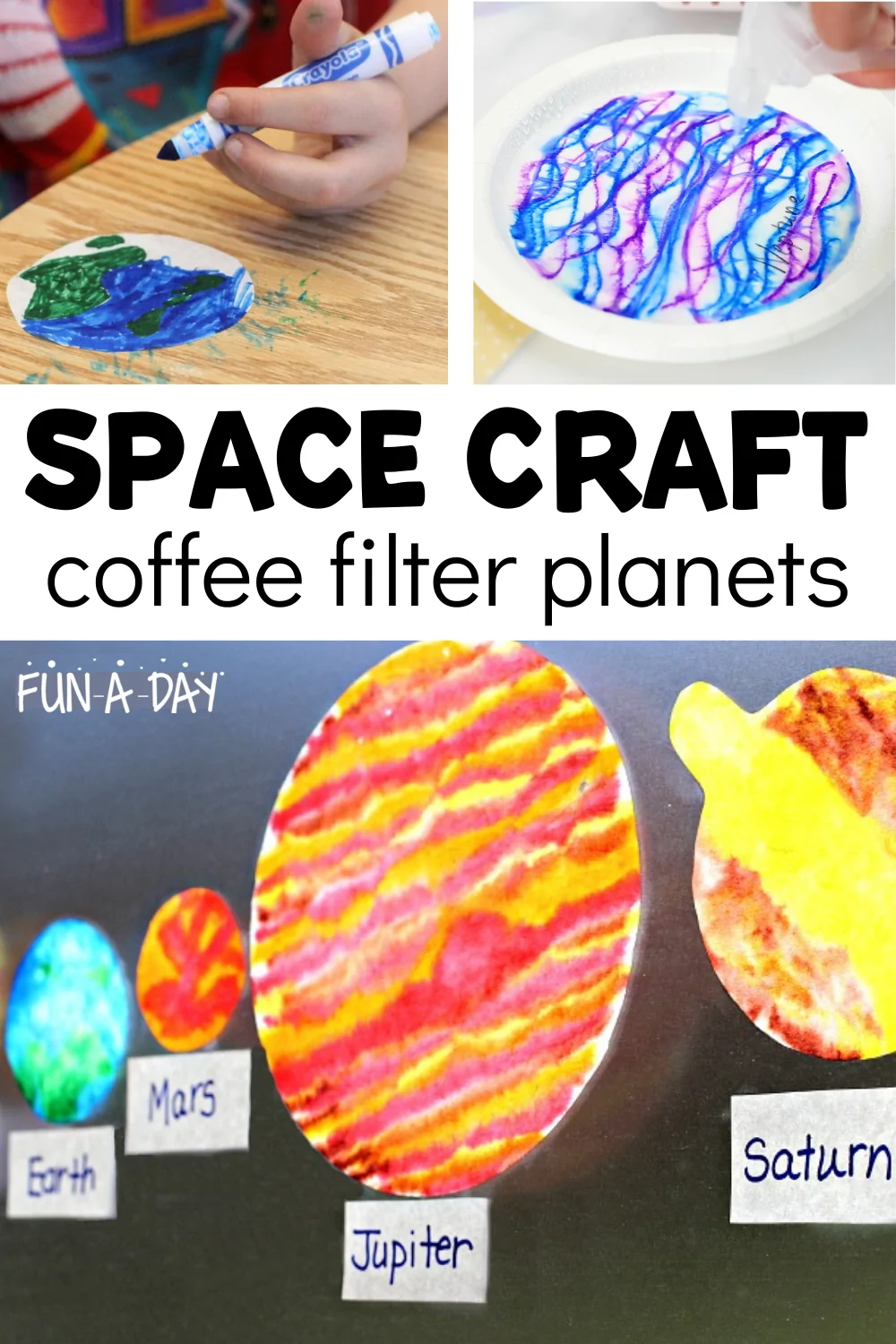 A child's hands are shown coloring a coffee filter with marker. Several planets that have been made from coffee filters are also shown.