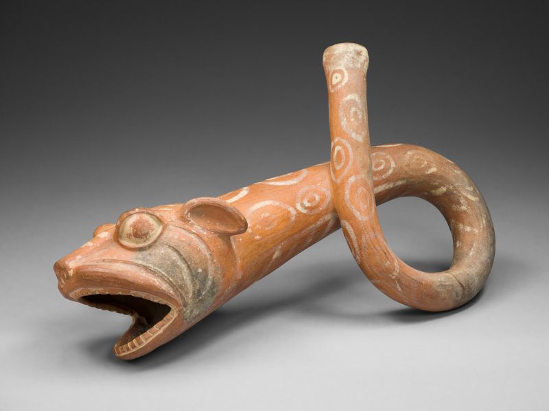 Coiled Trumpet in the Form of a Snarling Feline Face (c. 100 BCE to 500 CE)