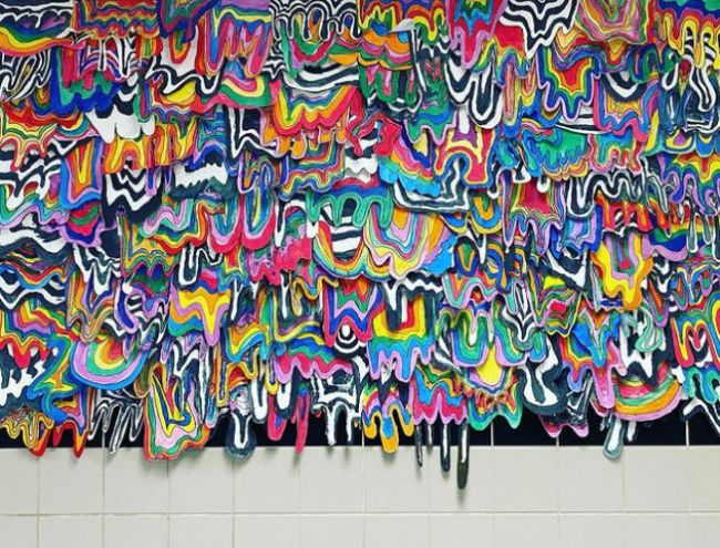 Collaborative art projects can include murals like this one made of colorful paper "drips" layered on top of each other.