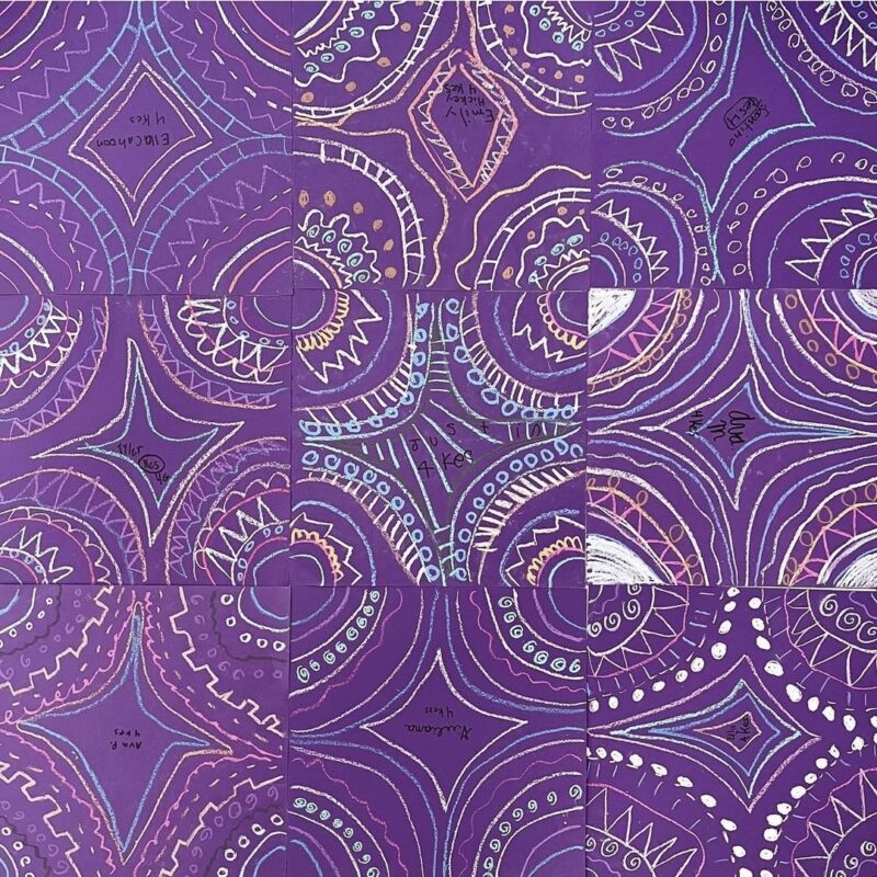 Individual purple chalk pastel geometric designs hung to show a larger overall design