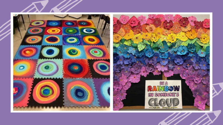 Two collaborative art projects: dot day mat and rainbow floral display