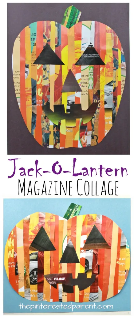 Two different Jack O' Lanterns are shown. They are made from ripped up magazine strips. 