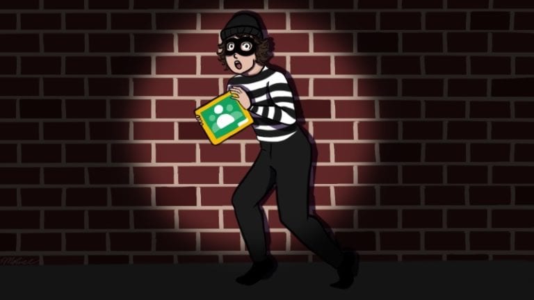 Teaching colleague dressed as burglar stealing Google Classroom materials