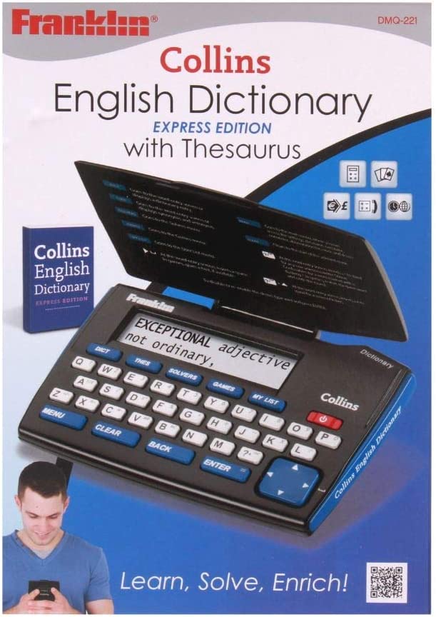 A small black electronic dictionary is shown with a small screen and a keyboard. It flips open. Text reads Collins English Dictionary Express Edition with Thesaurus